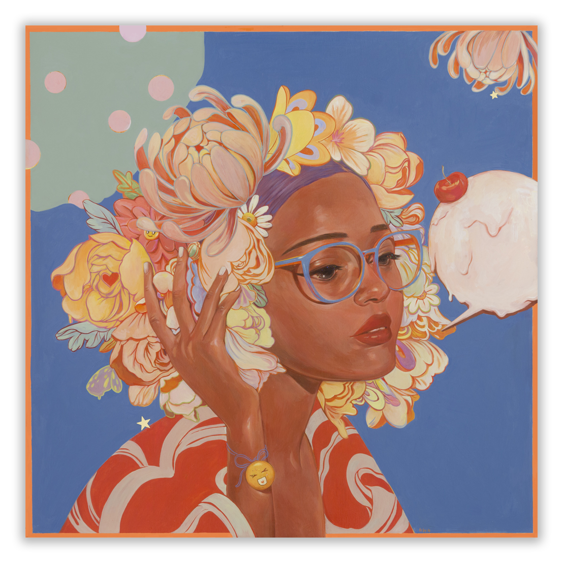 Sweetness #2 by Helice Wen features a woman with colorful flowers in her hair, blue glasses, and holding a white object with a cherry. She gazes thoughtfully against a rich blue background with abstract shapes. Part of a signed and numbered edition.