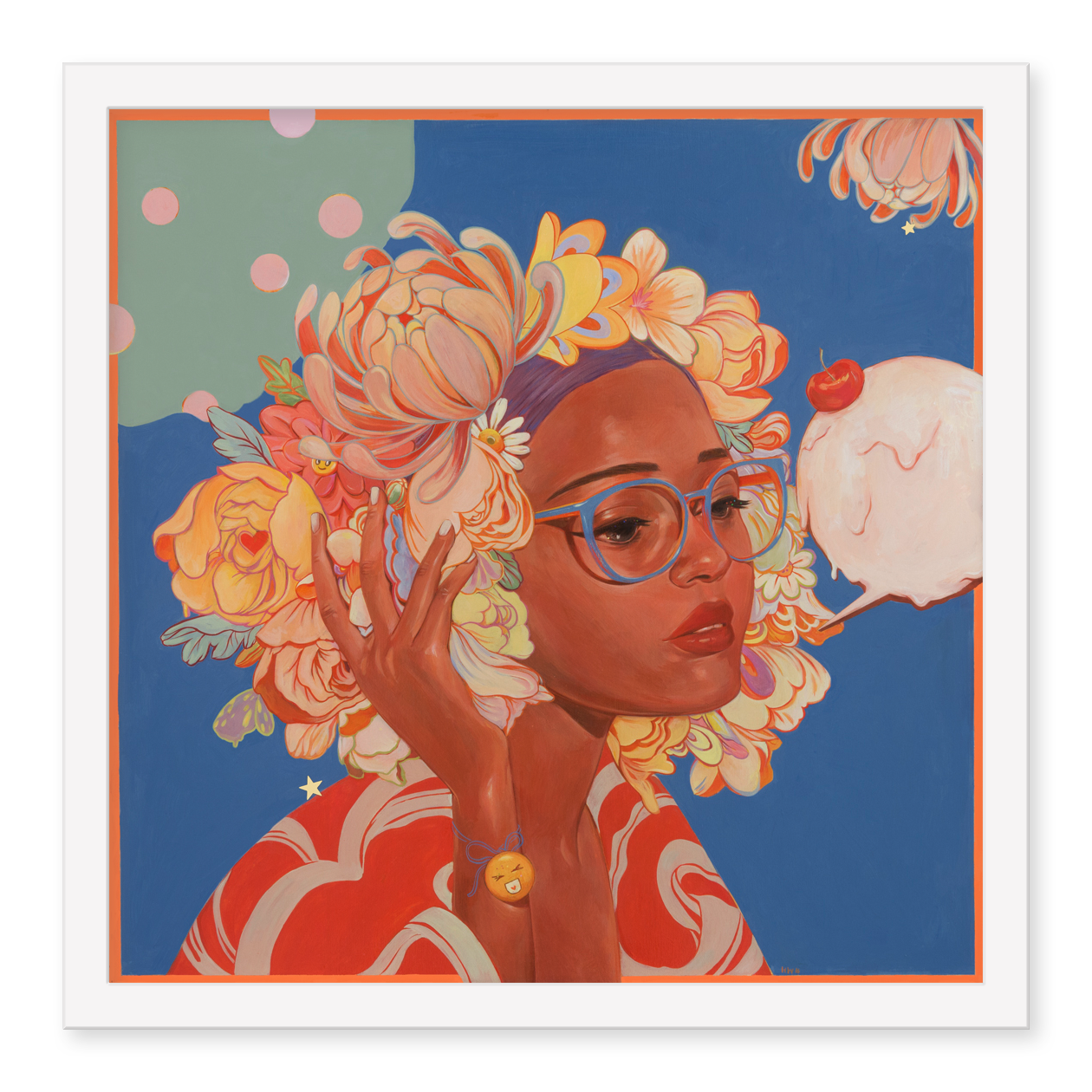 In Helice Wens Sweetness #2, a woman with floral-esque hair and large glasses stands amid vibrant flowers, hand to her head in thought. Set against a vivid blue with abstract shapes and a cotton candy-like object, this piece is part of a signed and numbered edition.