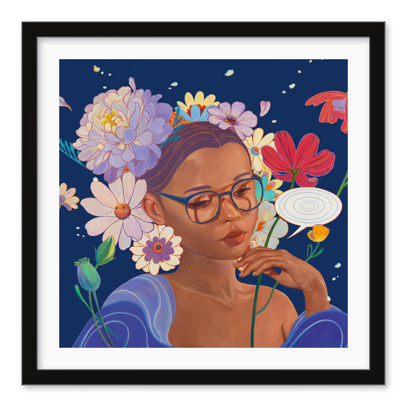 Sweetness No. 5 by Helice Wen: An archival pigment print depicting a person with glasses amid colorful flowers on a dark blue background. The contemplative expression and gentle interaction with the plant capture an introspective moment. Elegantly framed in black.
