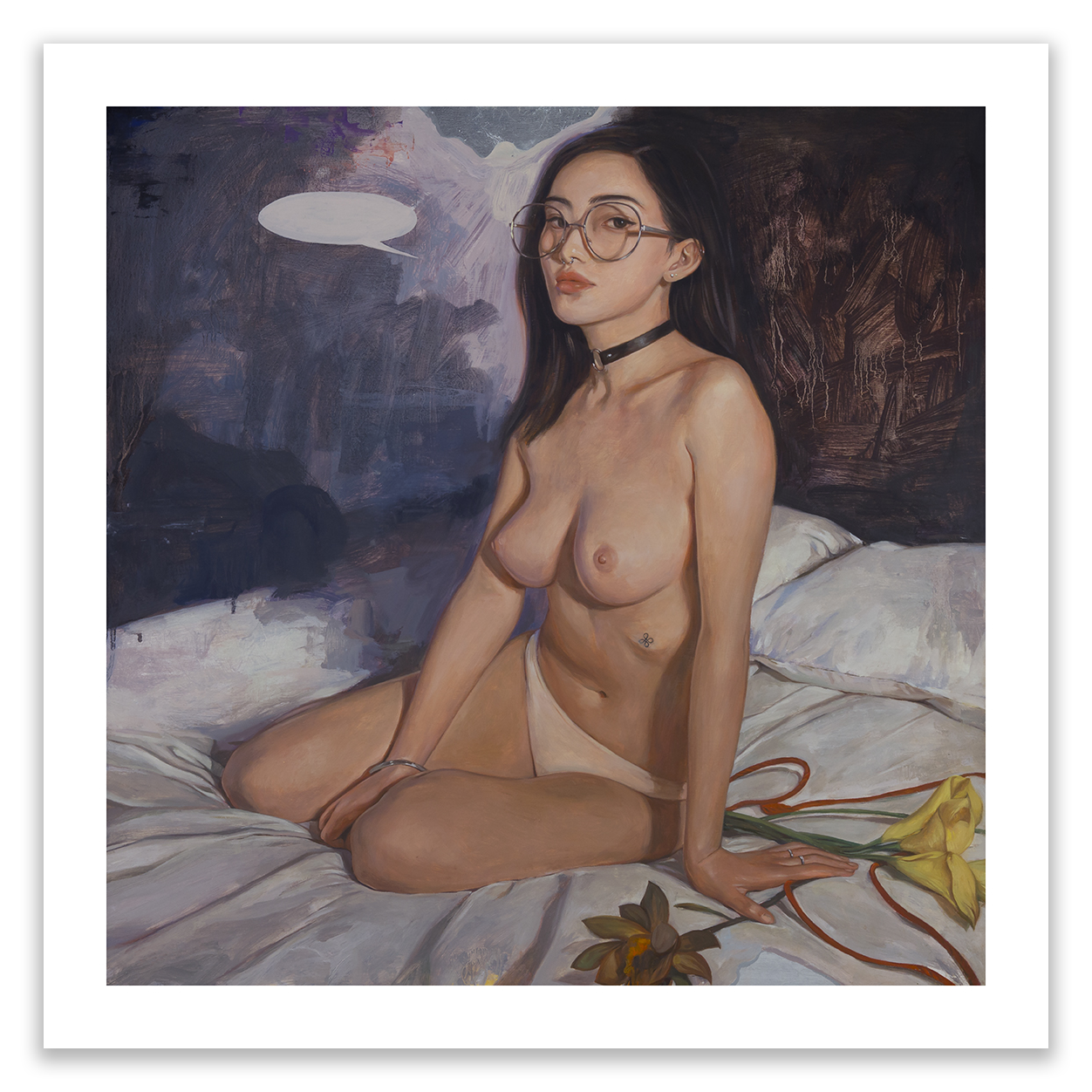 Little Minimal Melody #2 by Helice Wen is a hand-embellished archival pigment print showing a woman on a bed, wearing glasses, choker, and panties. She holds a yellow flower with another nearby, set against a dark abstract background with a speech bubble above.