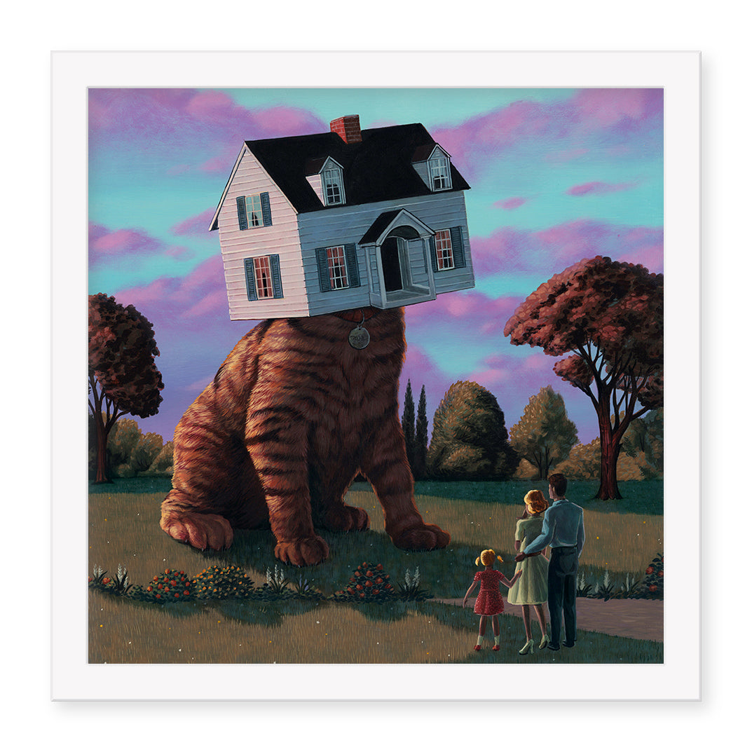 In Casey Weldons House Cat, a giant feline with a house for its head sits majestically in a grassy field as a family of three gazes up from the path, all under vibrant, cloud-kissed skies—rendered beautifully in an archival pigment print.
