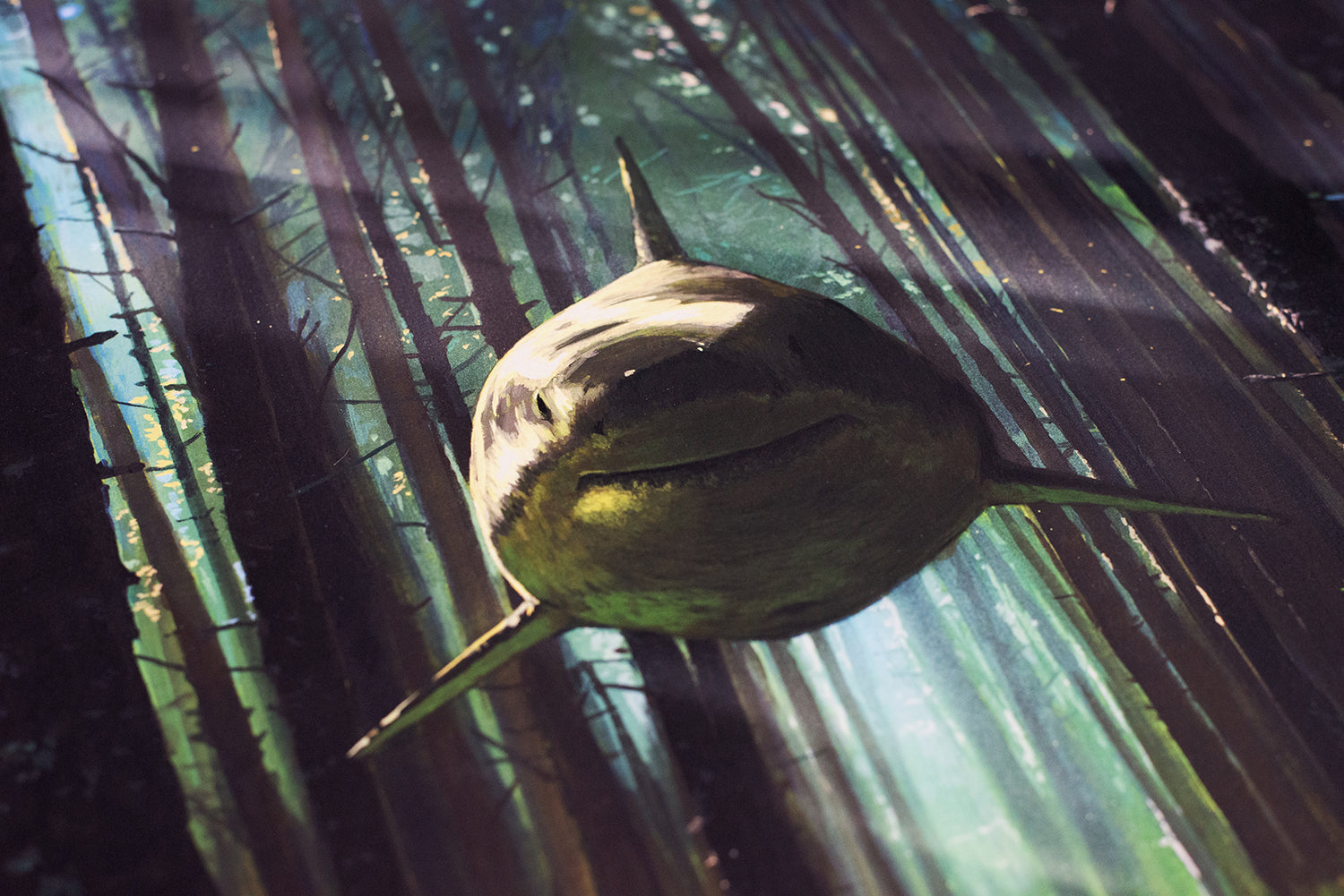In Chris Austins archival pigment print Ill Hear You Calling Me, a large fish floats dreamily through a sunlit, dense forest. Sun rays cast shadows through the trees as the fish swims among them, embodying Austins unique style. Each piece is signed and numbered for authenticity.