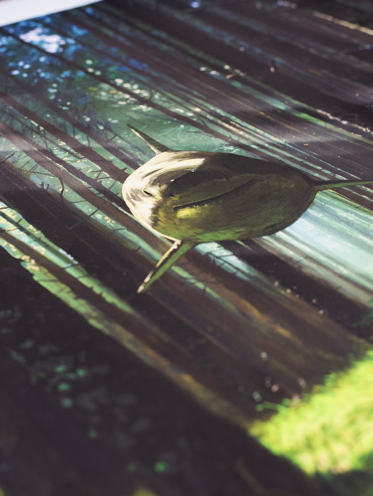 Ill Hear You Calling Me by Chris Austin is an archival pigment print depicting a sunlit forest with a large, hovering seed pod amidst green grass and tall trees. Signed and numbered, this serene scene features dappled shadows creating a canopy for collectors.