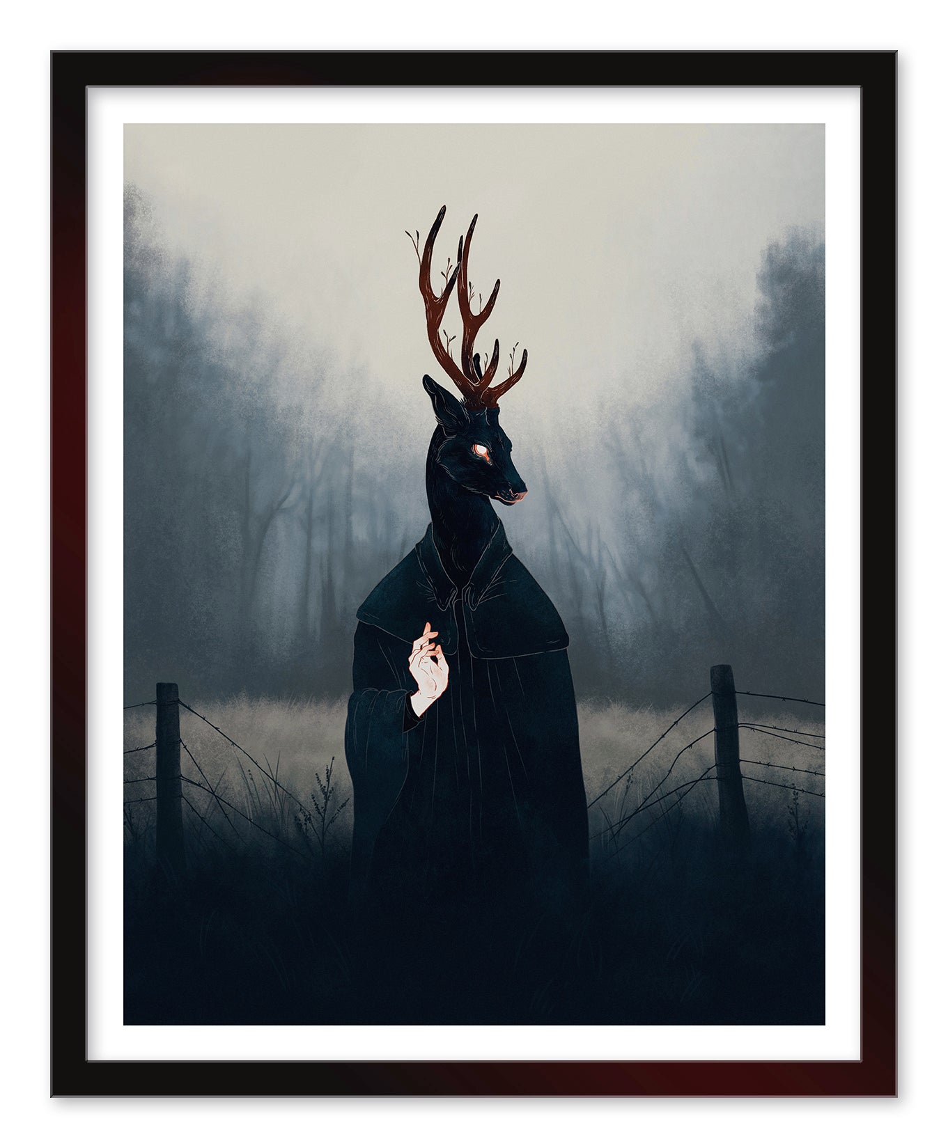 Jenna Bartons Deep Forest Saint, a framed Archival Pigment Print, depicts a humanoid figure with a deer head and antlers cloaked in darkness, standing by a wire fence in the misty forest with a cigarette, creating an enigmatic and surreal atmosphere.