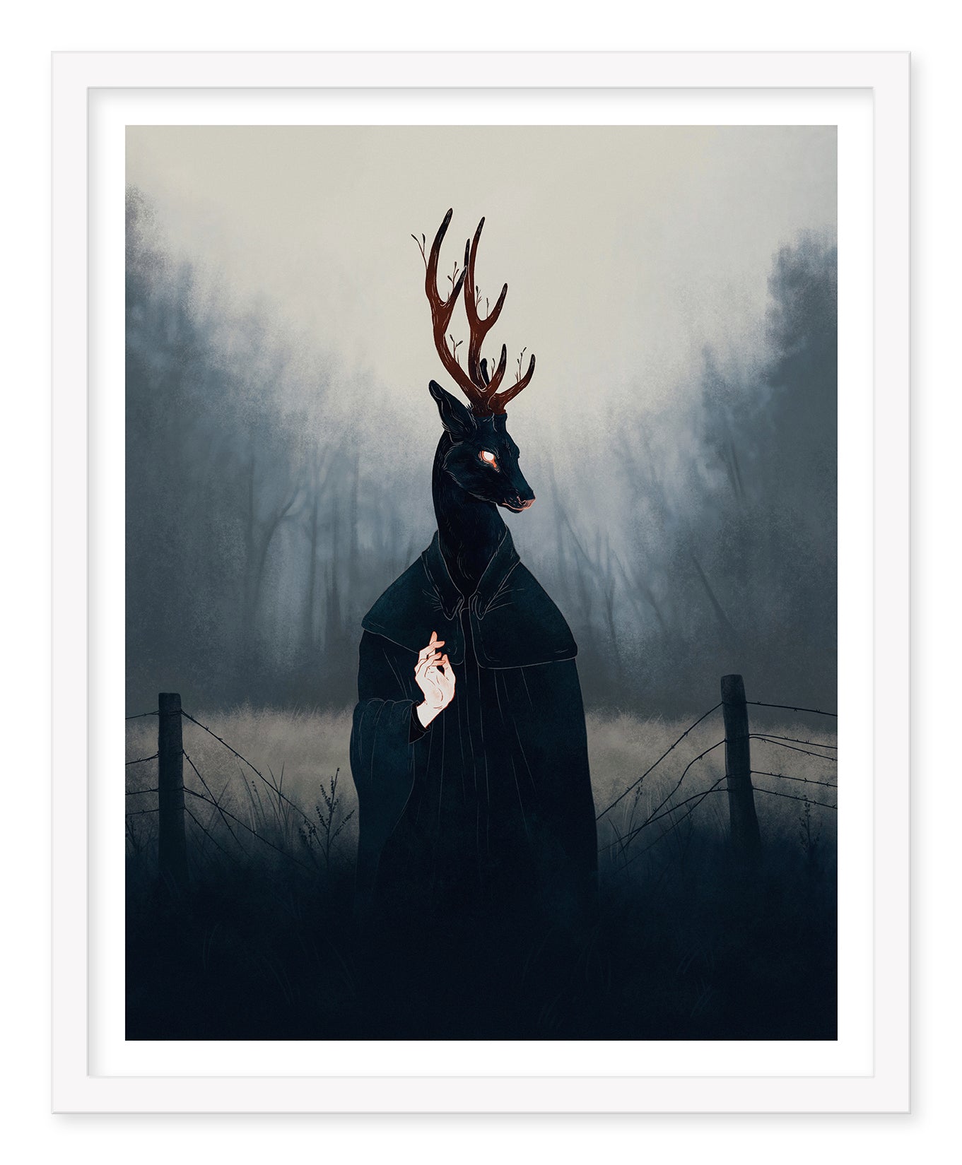 A mysterious figure with a deer head and antlers, dressed in a dark cloak and holding a cigarette, appears as if from the Deep Forest Saint collection by Jenna Barton. The scene features her signature style against a foggy woodland backdrop wreathed in barbed wire.