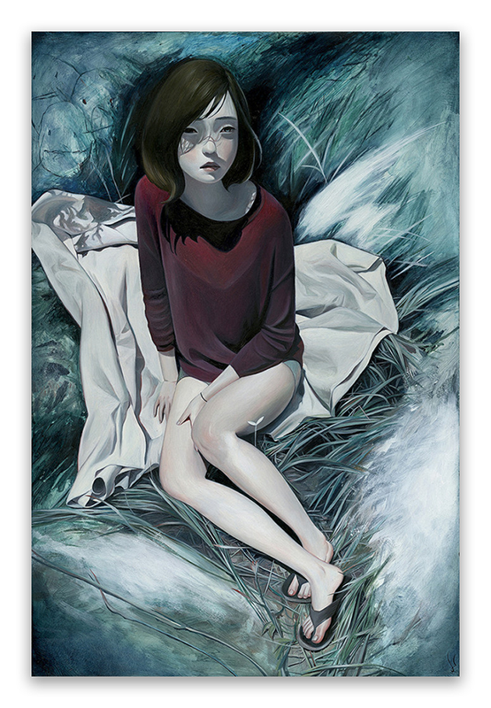 The limited edition Lucid painting by Joanne Nam shows a young woman with short brown hair sitting cross-legged on grass in a maroon top and shorts, her hands on a white sheet, all set against fine art giclee print shades of blue and green foliage.