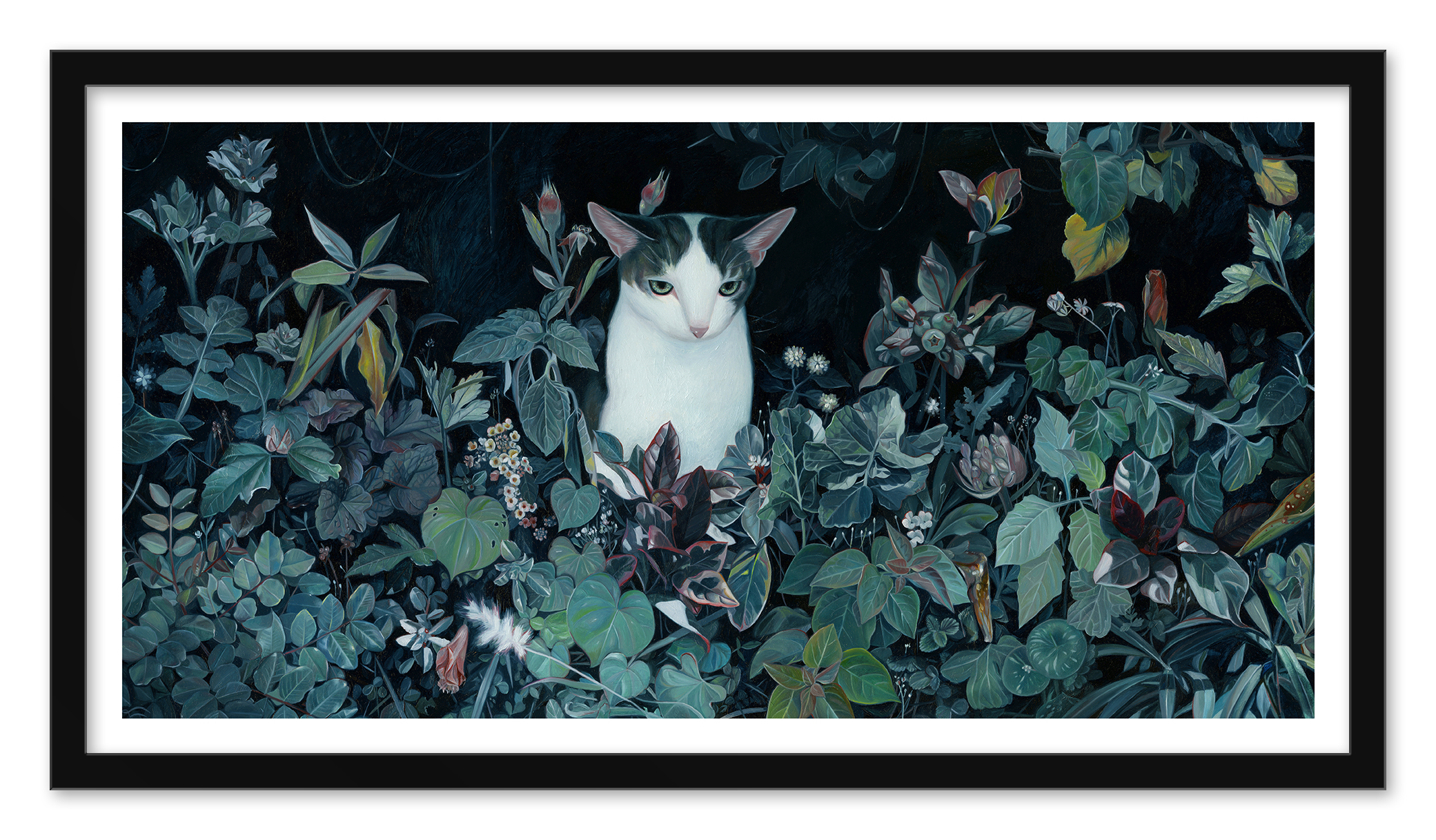 A black and white cat sits amid dark foliage and flowers, evoking an archival pigment print. Framed in black, A Quiet Soul by Joanne Nam is a hand-embellished piece capturing the serene essence of its mysterious surroundings.