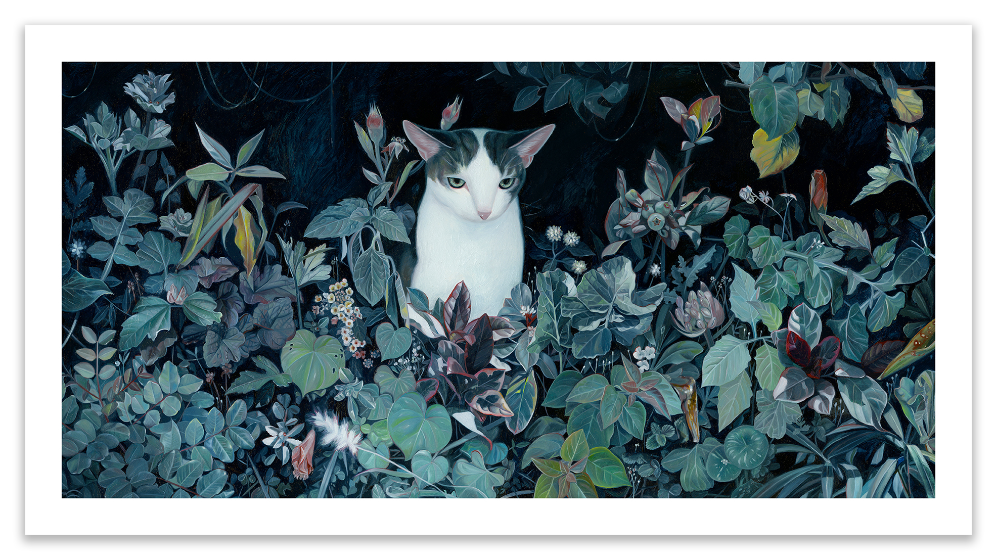 In Joanne Nams A Quiet Soul Regular Version, a white cat with dark spots sits among lush green foliage. Its piercing gaze contrasts with the muted leaf tones, adding to the prints mysterious and serene ambiance.