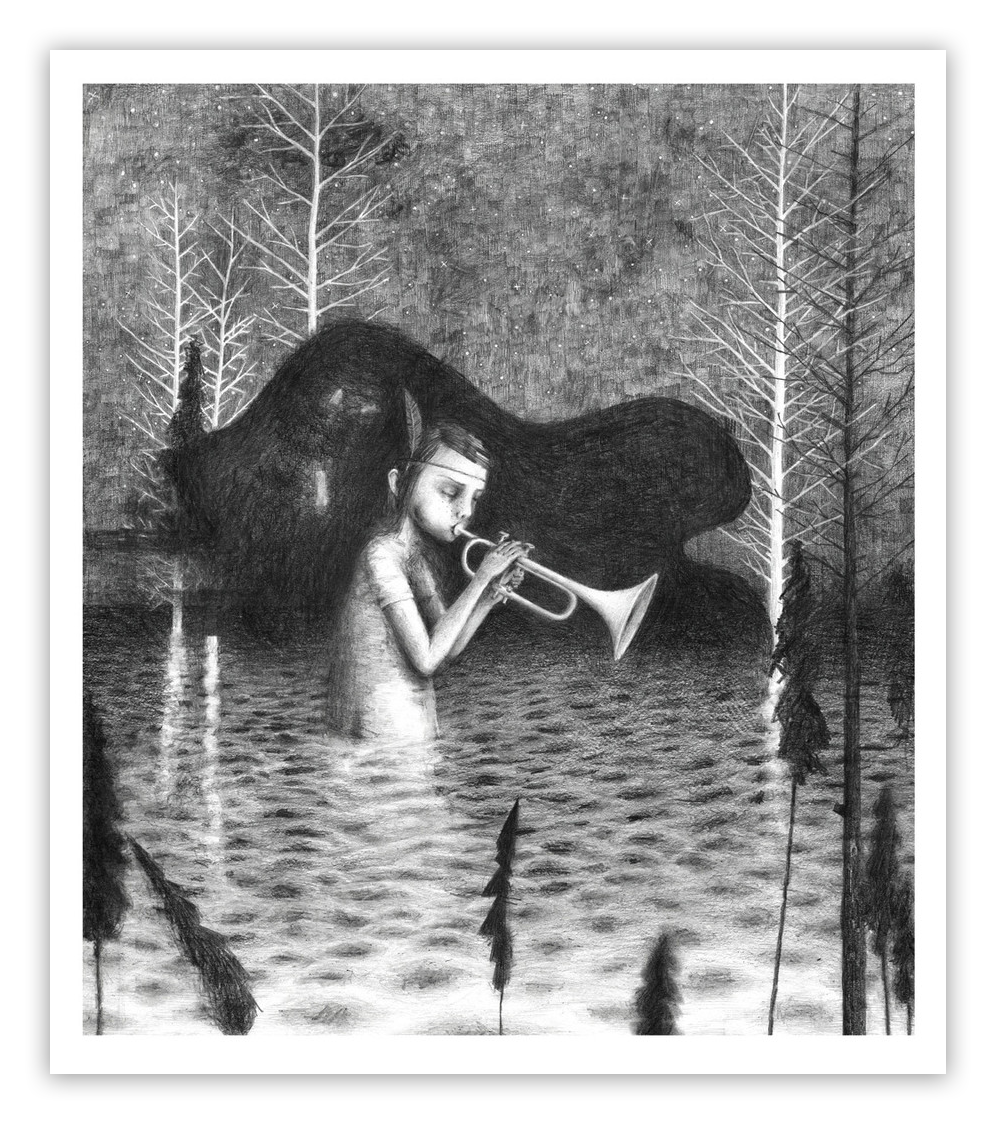 The limited edition fine art giclee print A Song for the Fishes by Jonas Lofgren features a surreal black and white illustration of a person playing a trumpet in water, surrounded by bare trees with a dark figure partially submerged in the background.
