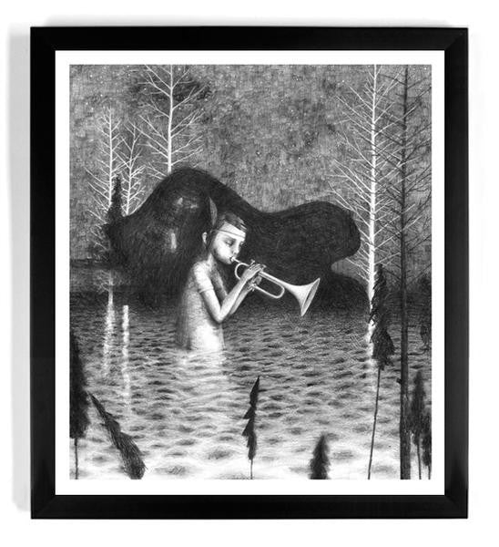 A black and white illustration titled A Song for the Fishes by Jonas Lofgren depicts a person playing a trumpet underwater amid leafless trees, with a mysterious creature lurking nearby. This limited edition fine art giclee print comes framed in black.