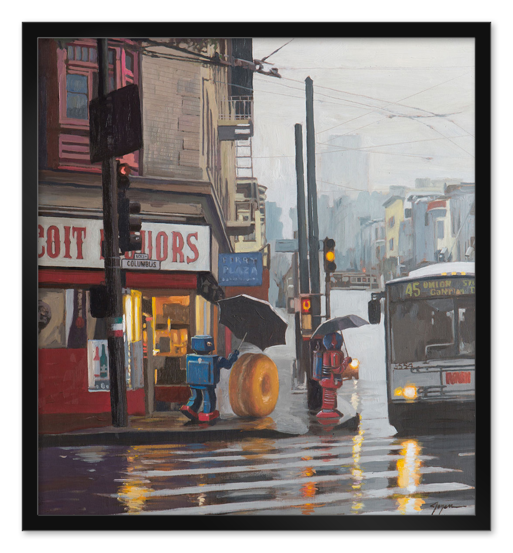 A rainy city street scene with a liquor store, bus, and Perry Plaza sign. A robot-like figure with an umbrella stands by a large donut on the wet pavement. This limited edition fine art piece North Beach by Eric Joyner beautifully captures reflections dancing on the slick road.