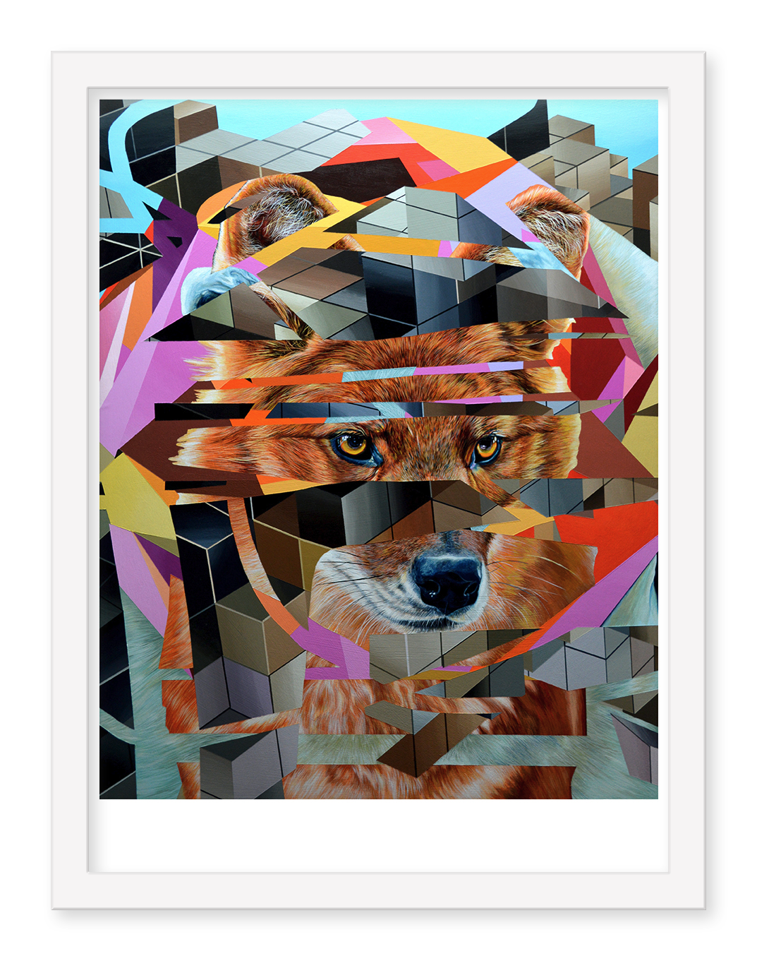 Expiring #4 by Juan Travieso: An abstract wolfs face in geometric shapes with vivid red, orange, and purple hues, set against a white-framed background. It features a fragmented appearance that adds depth and dynamic movement.