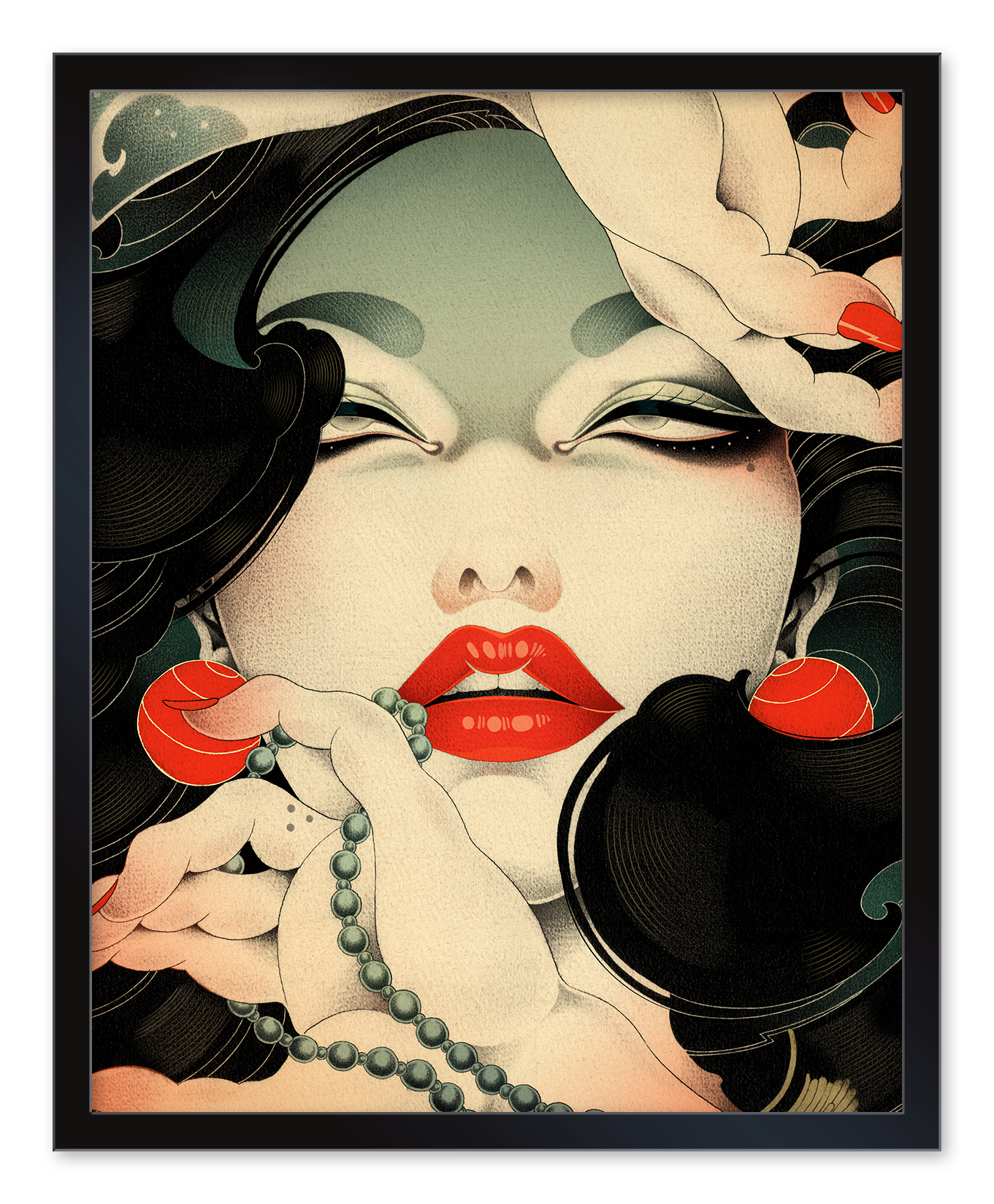 KANRO by ONEQ features an artistic depiction of a woman with red lips, long black hair, and red earrings, holding green beads. The vibrant, surreal style has exaggerated features and soft colors that enhance the dreamlike quality of this archival pigment print.