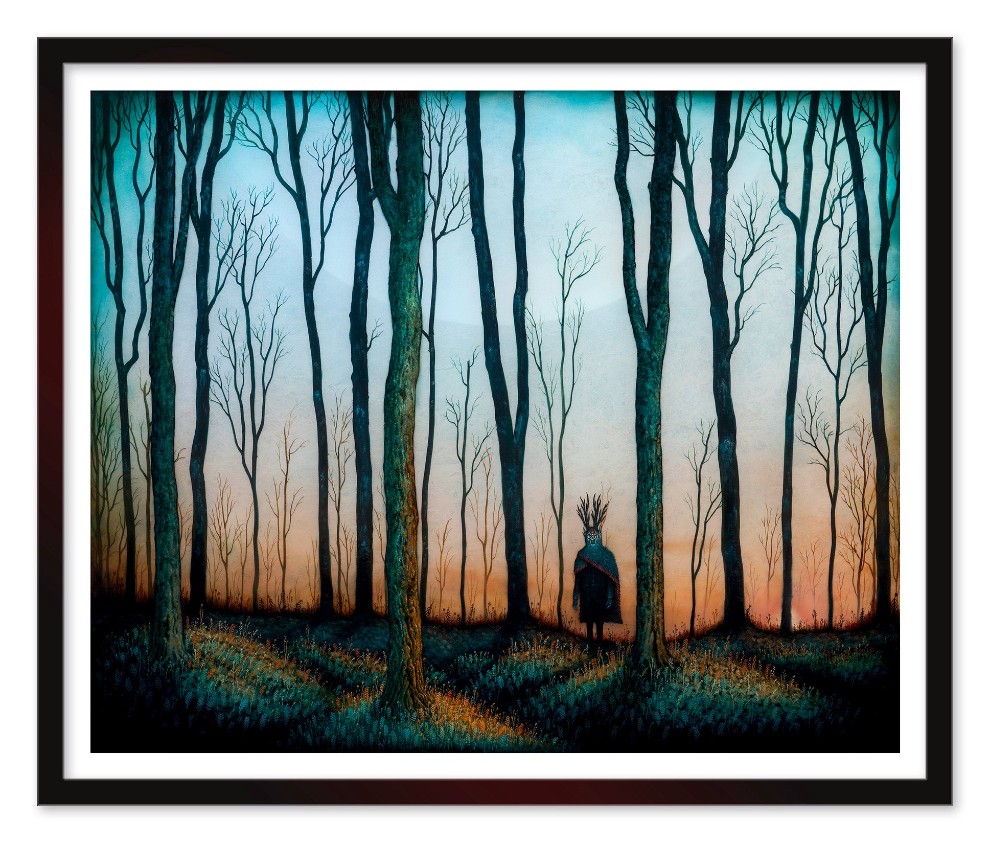 Discover the mystical allure of Enter the Deep Hour by Andy Kehoe. This artwork features a cloaked, antlered figure among tall trees against a gradient sky. As an archival pigment print, each piece is signed and numbered to create an enchanting dreamscape.