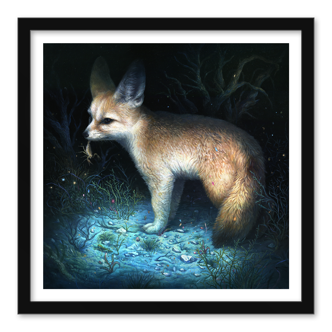 The Neith artwork by KiSung Koh features a fennec fox under moonlight, with dark abstract foliage. The fox, in a signed and numbered edition, has oversized ears and a bushy tail, its fur beautifully illuminated. Its framed with a black border.
