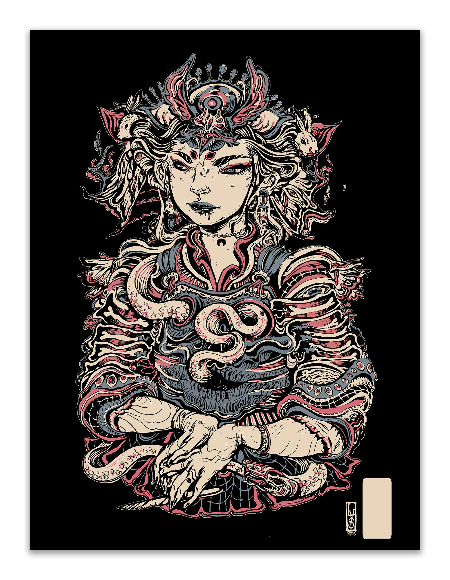 The Ouroborosis by Lauren YS is an abstract illustration of a mythical warrior in ornate armor with intricate patterns and a horned headdress, featuring serpent-like elements entwined around the arms against a black background.