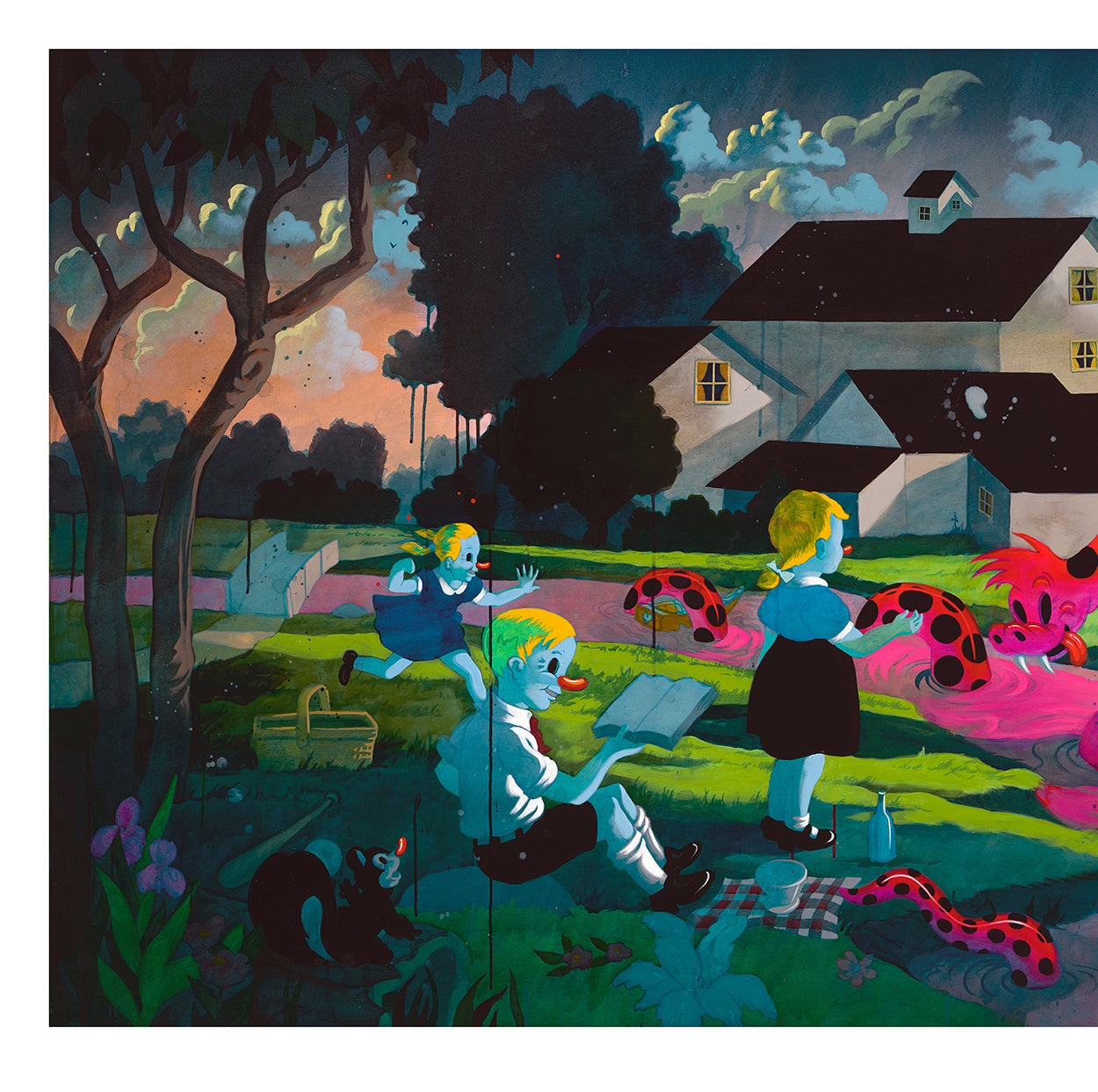 In La Tierra de la Culebra by Victor Castillo, surreal art depicts children with exaggerated features in a garden—one reads on a picnic blanket with a black cat, another jumps rope, while the third admires red flowers. A dark, angular house looms in the folk art style in the background.