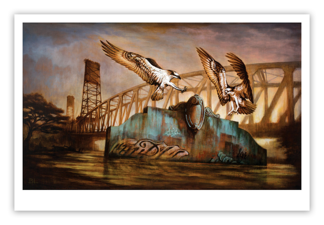 The Remnants Angels fine art giclee print by Brin Levinson showcases two majestic birds flying over a graffiti-laden concrete structure in a river, with a metal bridge and industrial scenery, offering an exclusive glimpse of urban nature under a moody sky.