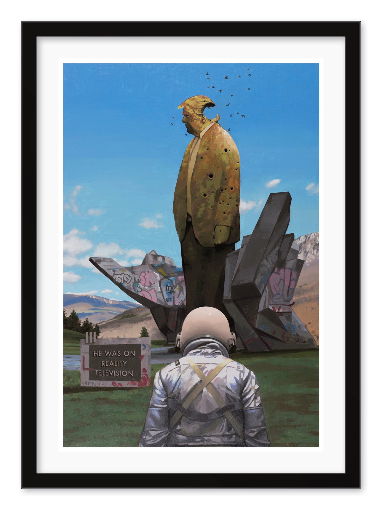 In the Reality Television Archival Pigment Print by Scott Listfield, a surreal scene unfolds: a decaying statue of a suited man is engulfed by nature and insects, while an astronaut figure stands watchfully near a sign stating, He was on reality television.