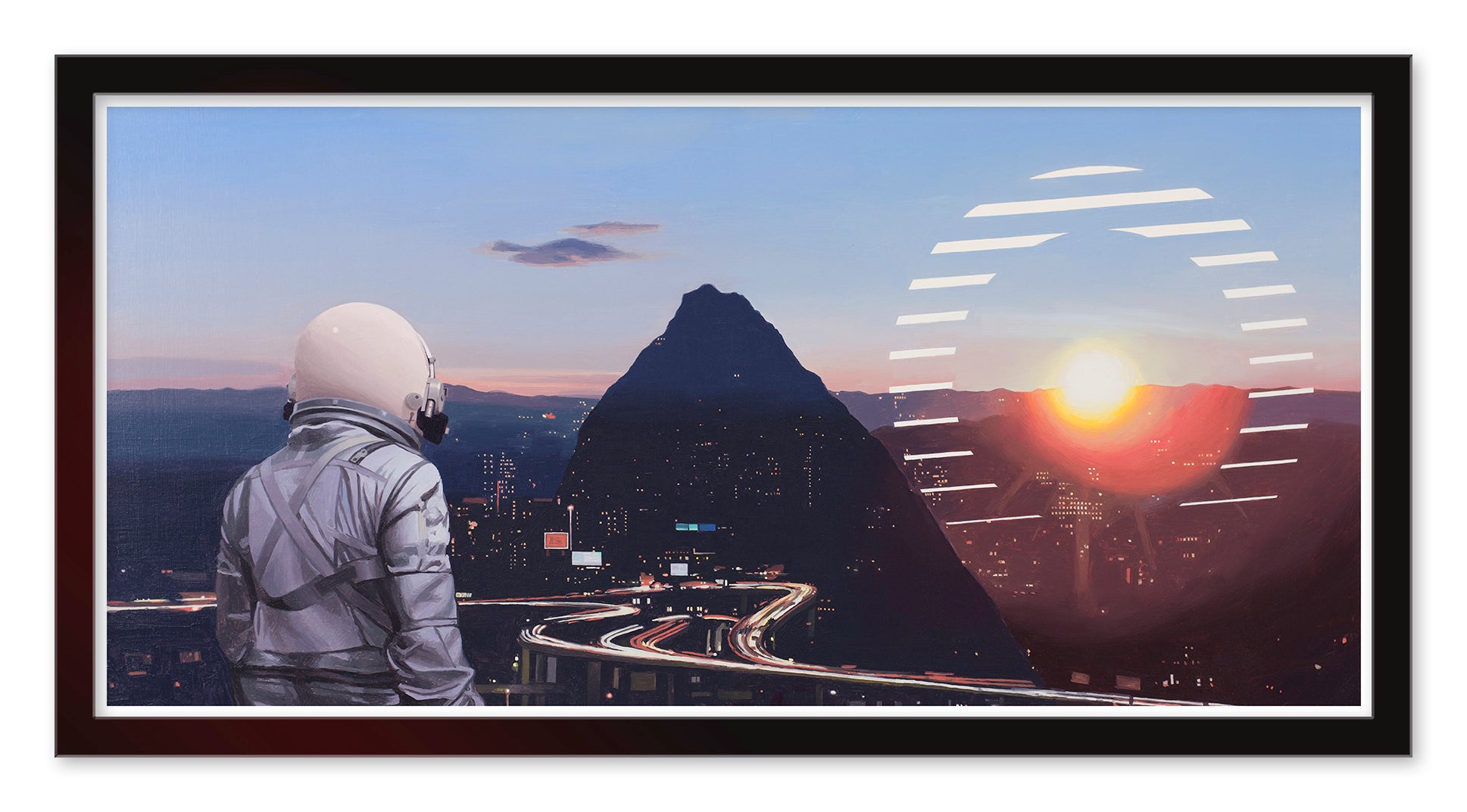 A person in a spacesuit overlooks a cityscape at sunset with a mountain behind, as the sun is partially obscured by horizontal lines. This creates a futuristic effect in the Scott Listfield limited edition archival pigment print, Sun Sets on the City.