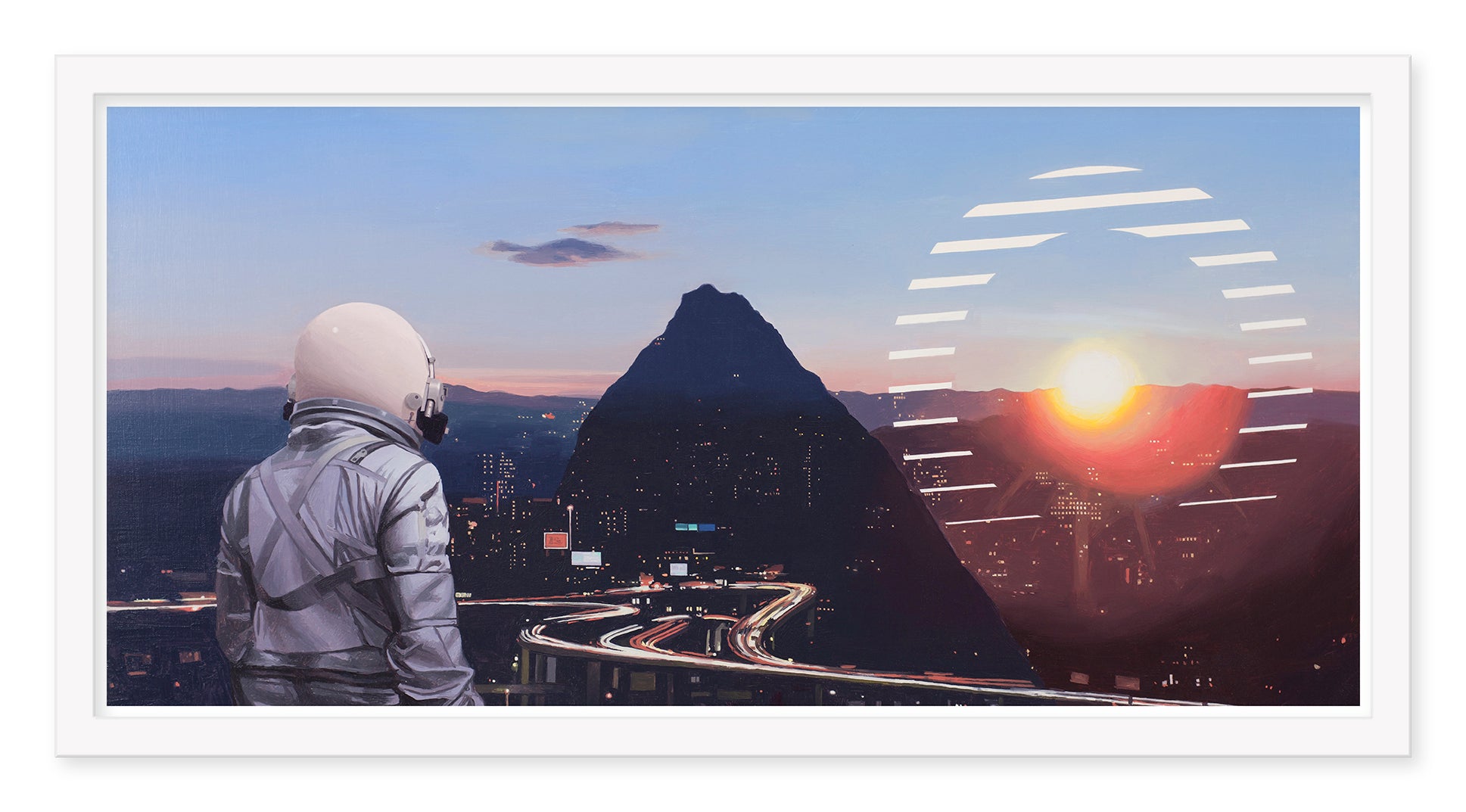 Sun Sets on the City, by Scott Listfield, showcases a figure in a spacesuit overlooking a cityscape at dusk. A futuristic sunset with glowing lines accents the scene in this limited edition archival pigment print, highlighting roads and buildings below.