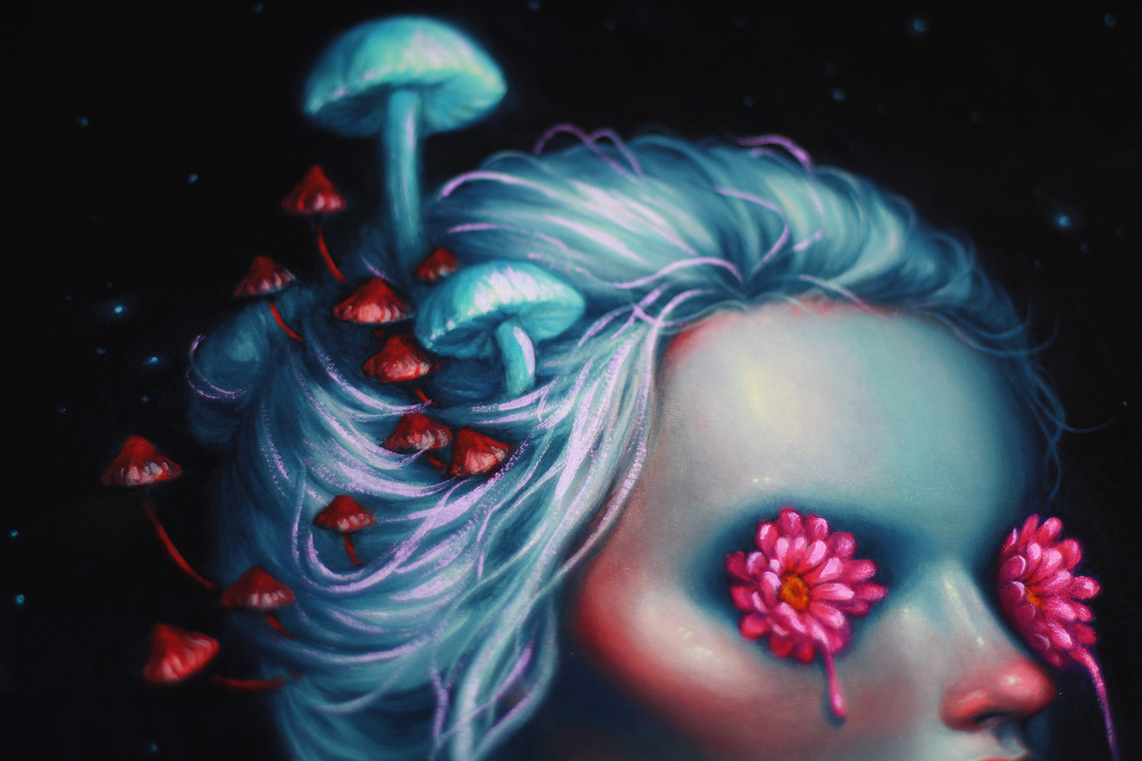 The Lucid sticker by Happy D. features a surreal portrait of a person with pink flowers for eyes and long white hair with red and blue mushrooms, set against a dark starry night. This hand-embellished piece is an otherworldly special edition creation.