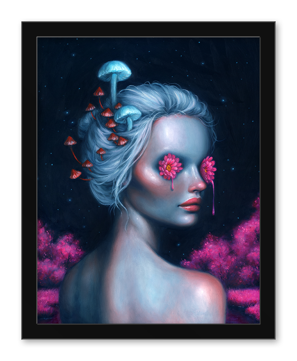 The Lucid sticker by Happy D. depicts a surreal scene with a light blue-skinned and haired woman adorned with mushrooms, her eyes covered by pink flowers against a starry night sky with vivid pink trees.