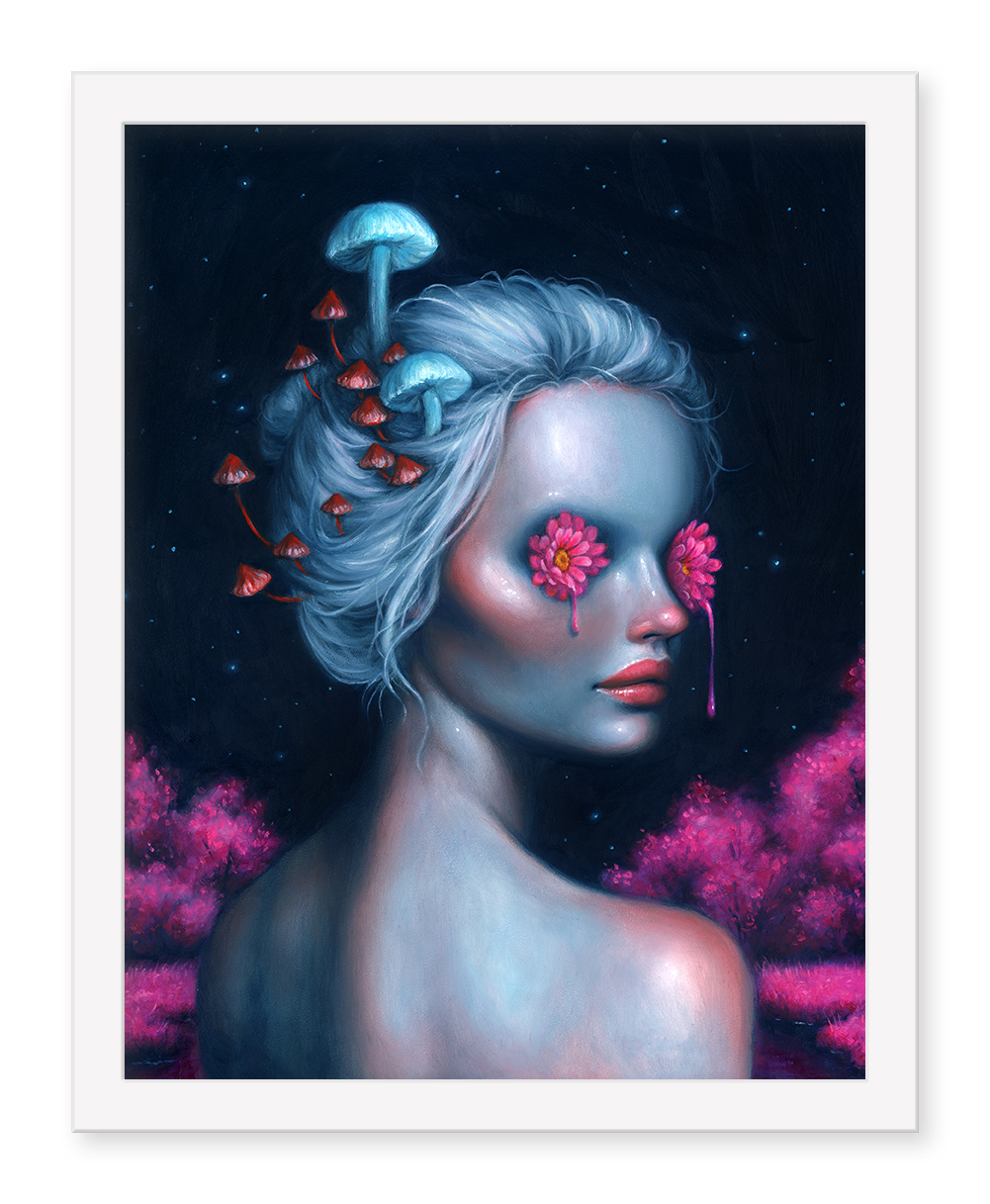 The Lucid painting by Happy D. is a hand-embellished archival pigment print featuring a blue-skinned woman with mushrooms in her hair. Her eyes, pink flowers shedding tears, are set against a starry night and pink trees backdrop, making it a truly special edition piece.