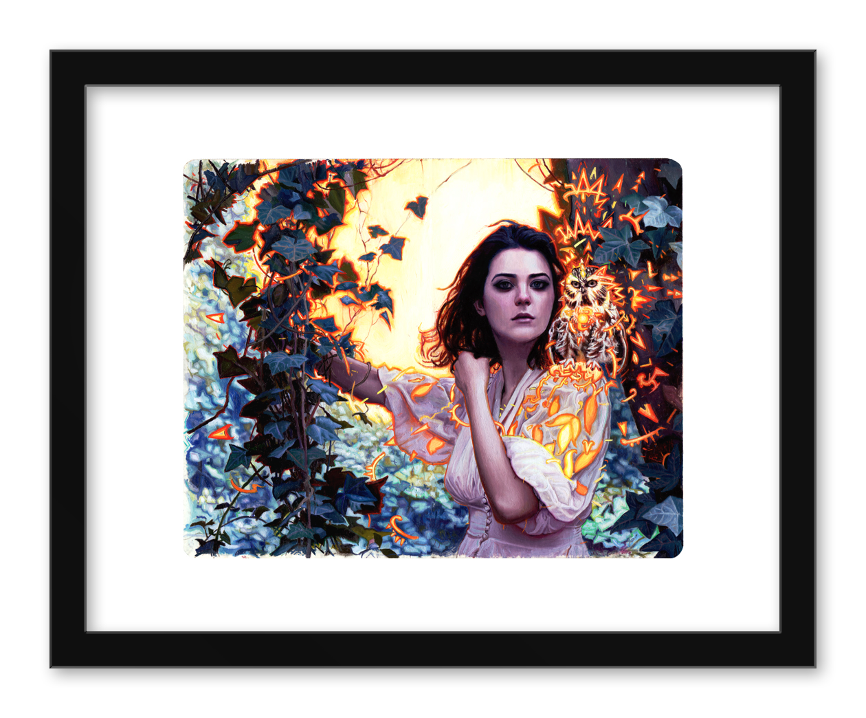 A woman in a white dress stands amid lush greenery with glowing orange and yellow accents, reminiscent of Rod Luffs Afterglow. Her thoughtful expression blends with the warmly lit atmosphere. The framed art is signed, numbered, and bordered in black.