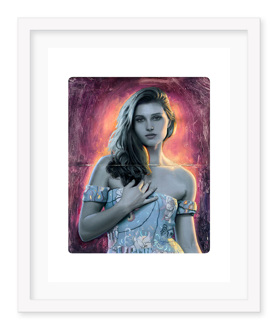Flare by Rod Luff features a woman with long hair in an off-the-shoulder dress against a pink and orange background. This archival pigment print, hand embellished for depth, depicts her resting her hand on her chest with a neutral gaze. It is framed in white.