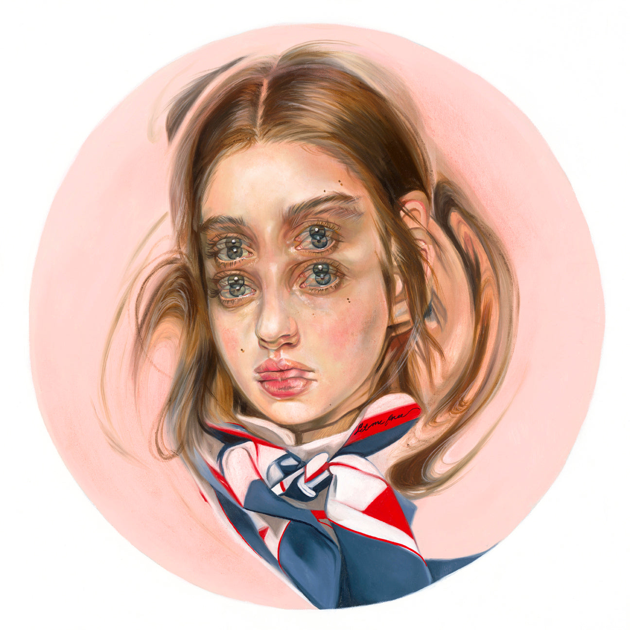 Powderpuff by Alex Garant features a surreal portrait with two sets of eyes, distorted features, and a blue, red, and white scarf. Set against a soft pink background, each limited edition archival pigment print is signed and numbered, beautifully capturing its dreamlike quality.