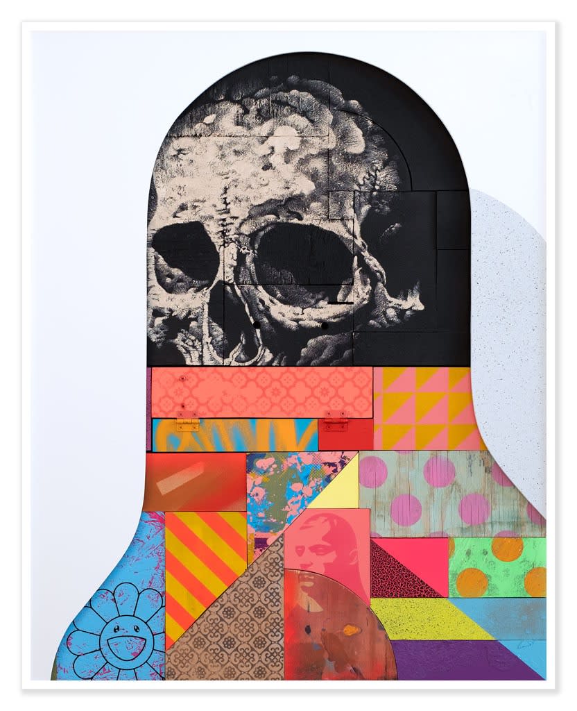The vibrant Beef Teef by Michael Reeder is an archival pigment print of a stylized human silhouette, featuring a monochrome skull at the top and vivid geometric patterns with dots, stripes, and floral designs below. It is signed and numbered for authenticity.