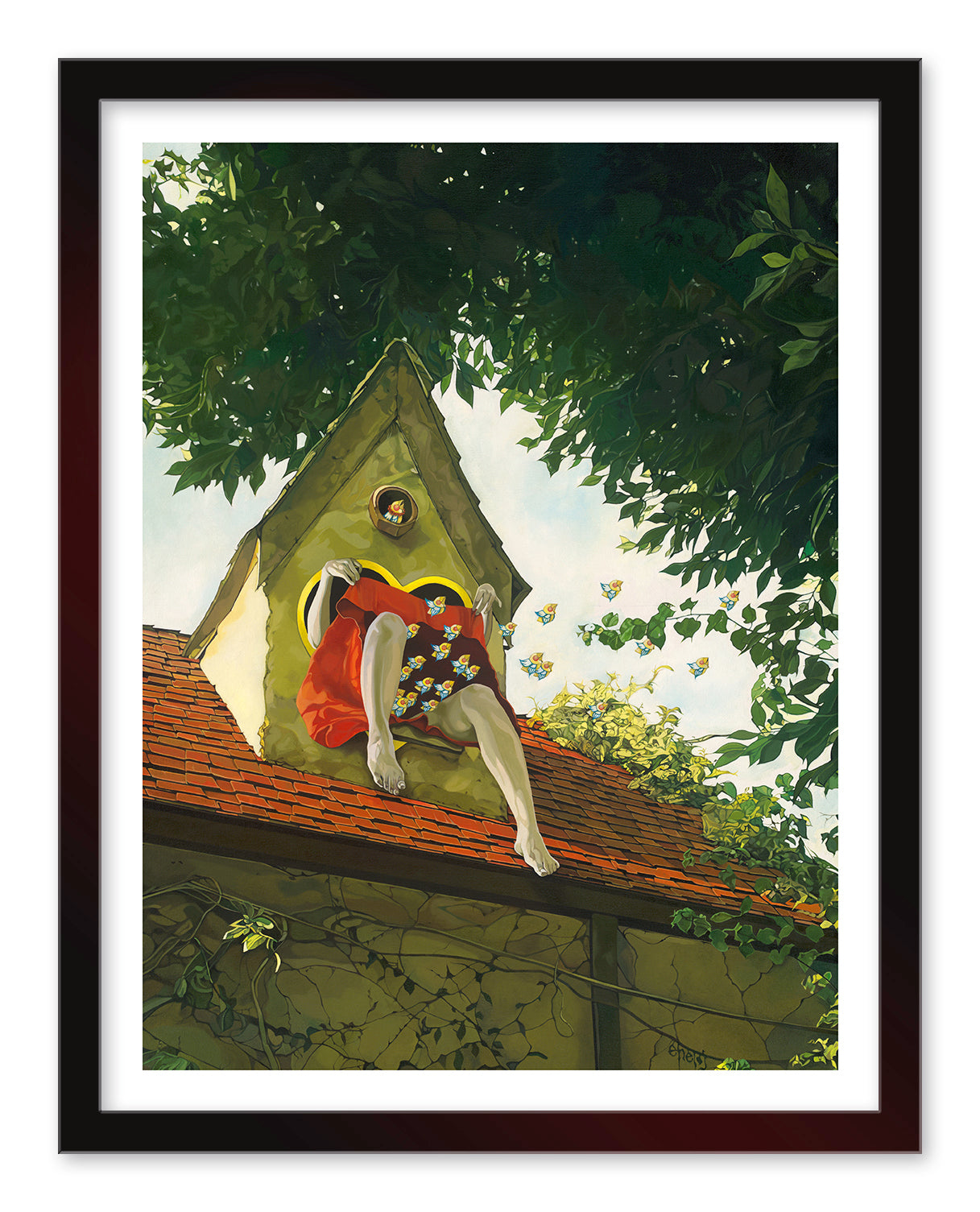 A person in a red floral dress sits on a small rooftop. Their face is hidden, surrounded by lush greenery and butterflies in a blue sky. This surreal scene echoes Jolene Lais whimsical style in the archival pigment print Migration.