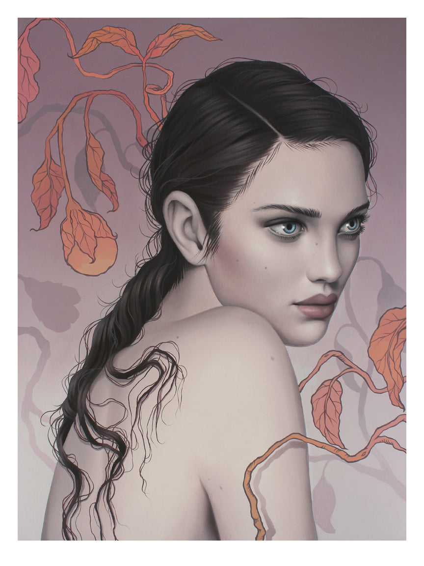 A woman with long dark hair gazes over her shoulder in Mind Mischief, an archival pigment print by Sarah Joncas. Her serious expression is highlighted against a dreamy background, where orange leaves and stems add an element of intrigue through soft gradients.