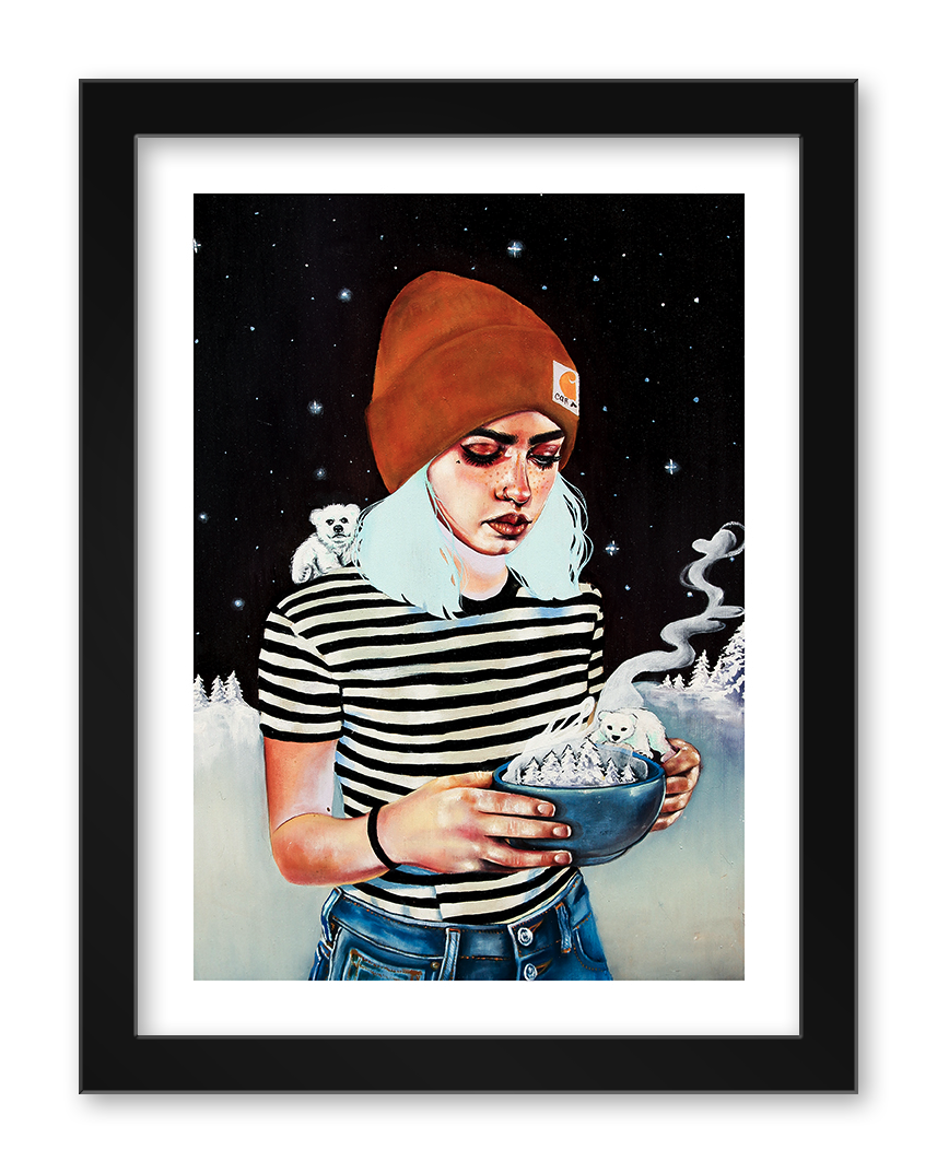 MJ Lindos All I Want to do is Save the World features a blue-haired person in a brown beanie holding a bowl, with a creature on their shoulder against a starry sky and snowy forest. This archival pigment print masterpiece comes in a sleek black frame.