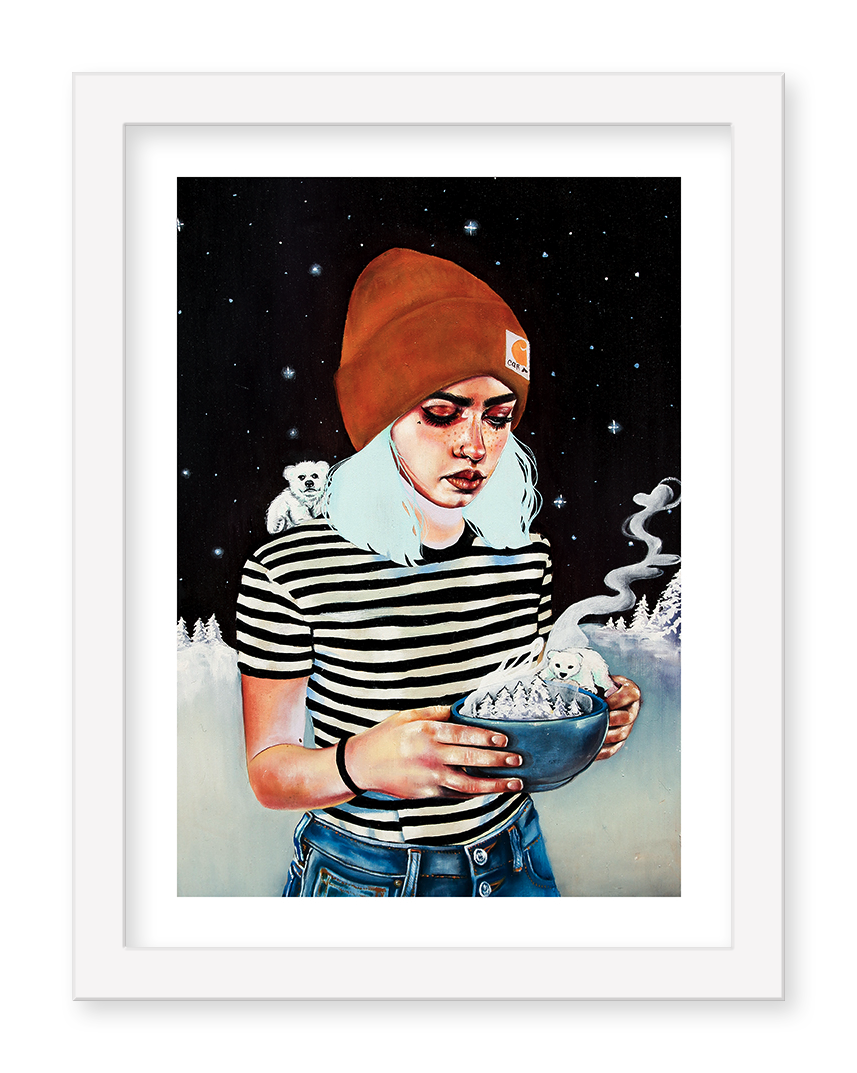 This exquisite archival pigment print, titled All I Want to do is Save the World by MJ Lindo, features a person with a red beanie and striped shirt holding a steaming bowl, accompanied by one white bear on their shoulder and another in the bowl against a starry night sky and snowy trees.