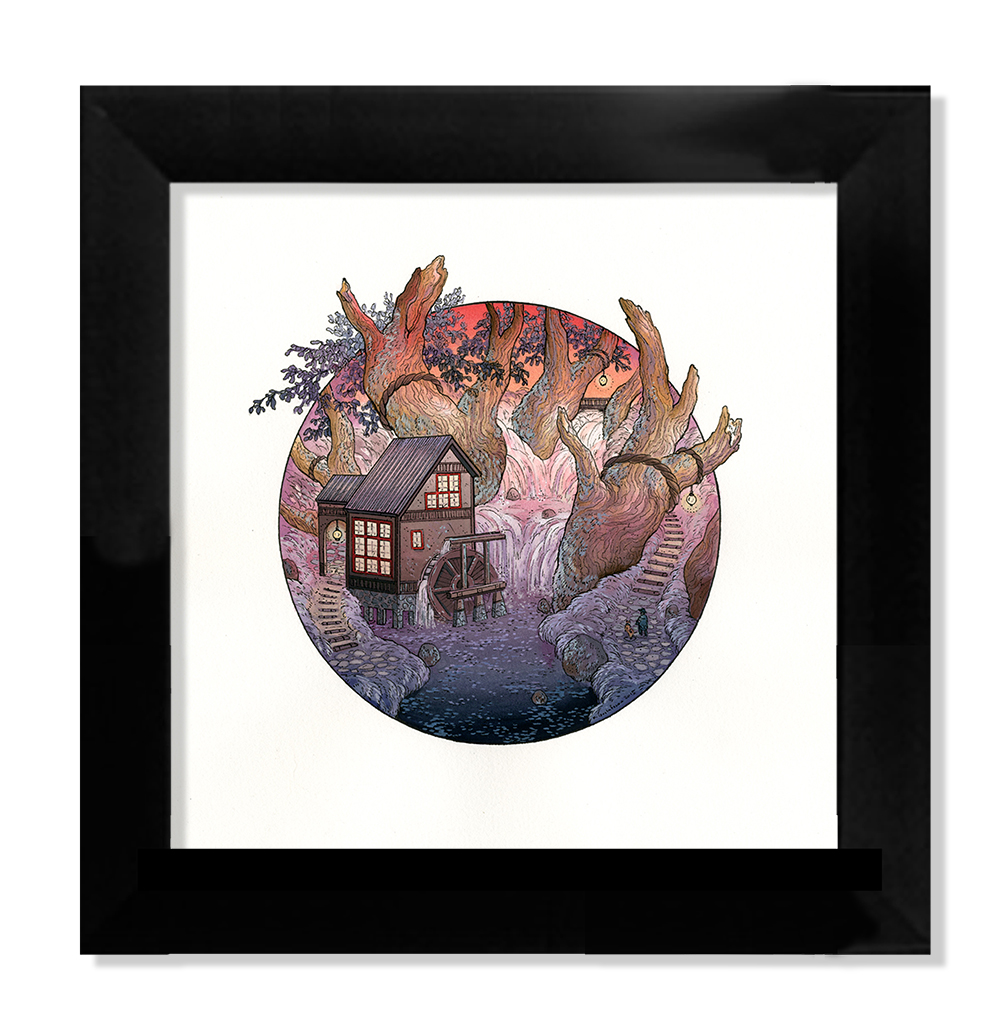 Framed fine art giclee print titled Sunset At The Mill by Nicole Gustafsson showcases a house with a waterwheel amid twisting trees, with a waterfall flowing into a stream lined by staircases. The circular design features rich earthy tones in a whimsical style.