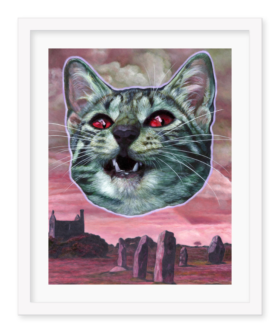 The Kittening by Johannah ODonnell showcases a surreal scene with a large cats head and red eyes over an ancient stone circle, set against a dark, cloudy sky with an old structure in the distance, beautifully captured in archival pigment print.