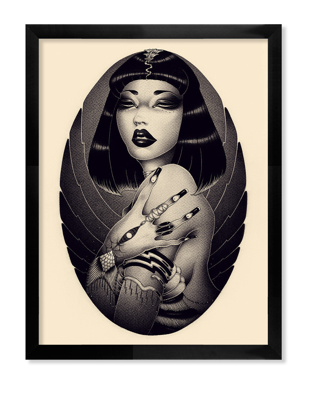 Cleopatra by ONEQ is a limited edition illustration of a woman with short black hair and dramatic makeup, wrapped in her arms and adorned with Cleopatra-inspired jewelry. She stands against an oval backdrop with wing-like shapes. The fine art print is elegantly framed in black.