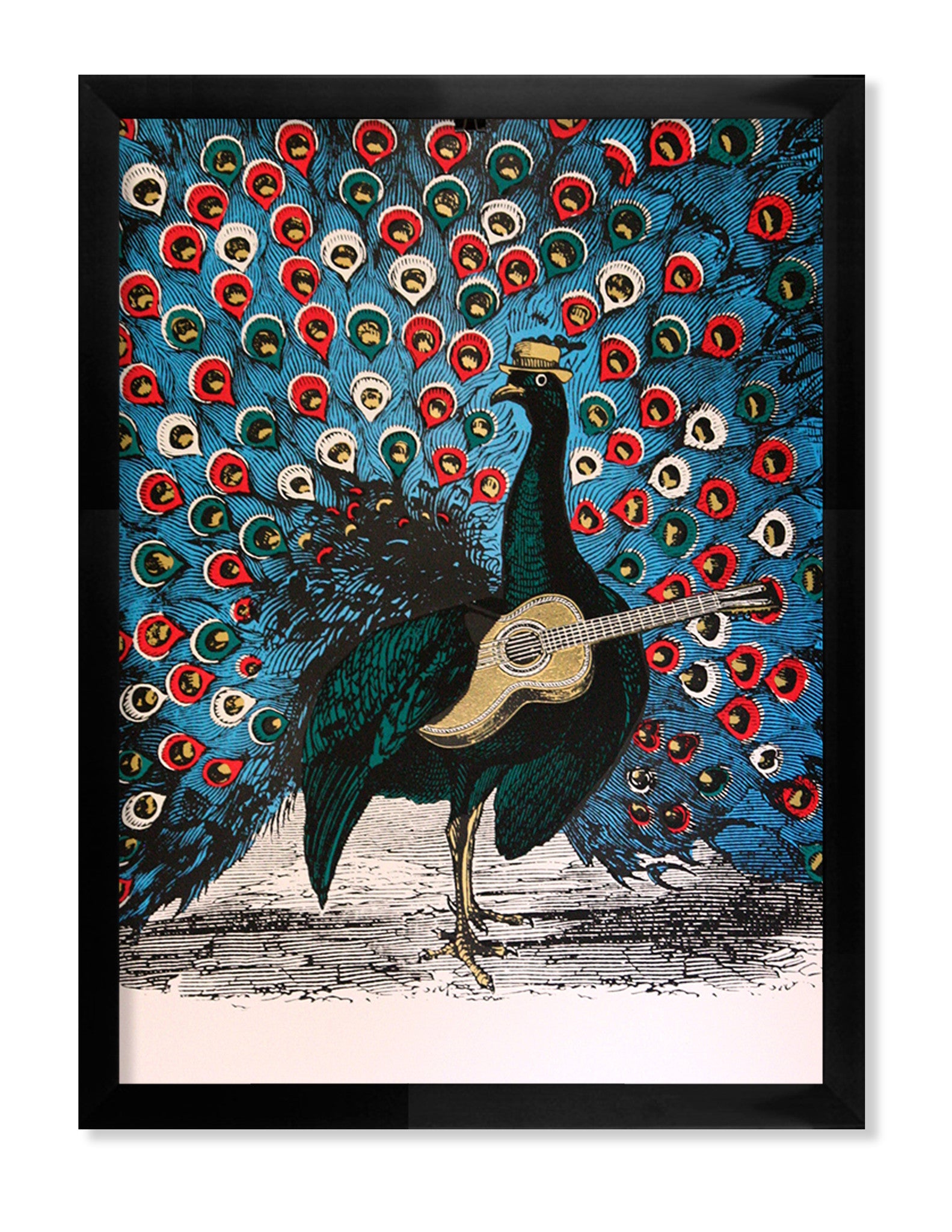The Peacock Strummer by Nate Duval features a colorful peacock standing upright with a guitar, its vibrant blue, red, and green tail feathers fanning out. Created in Duvals distinct screenprint style, its beautifully framed in black.
