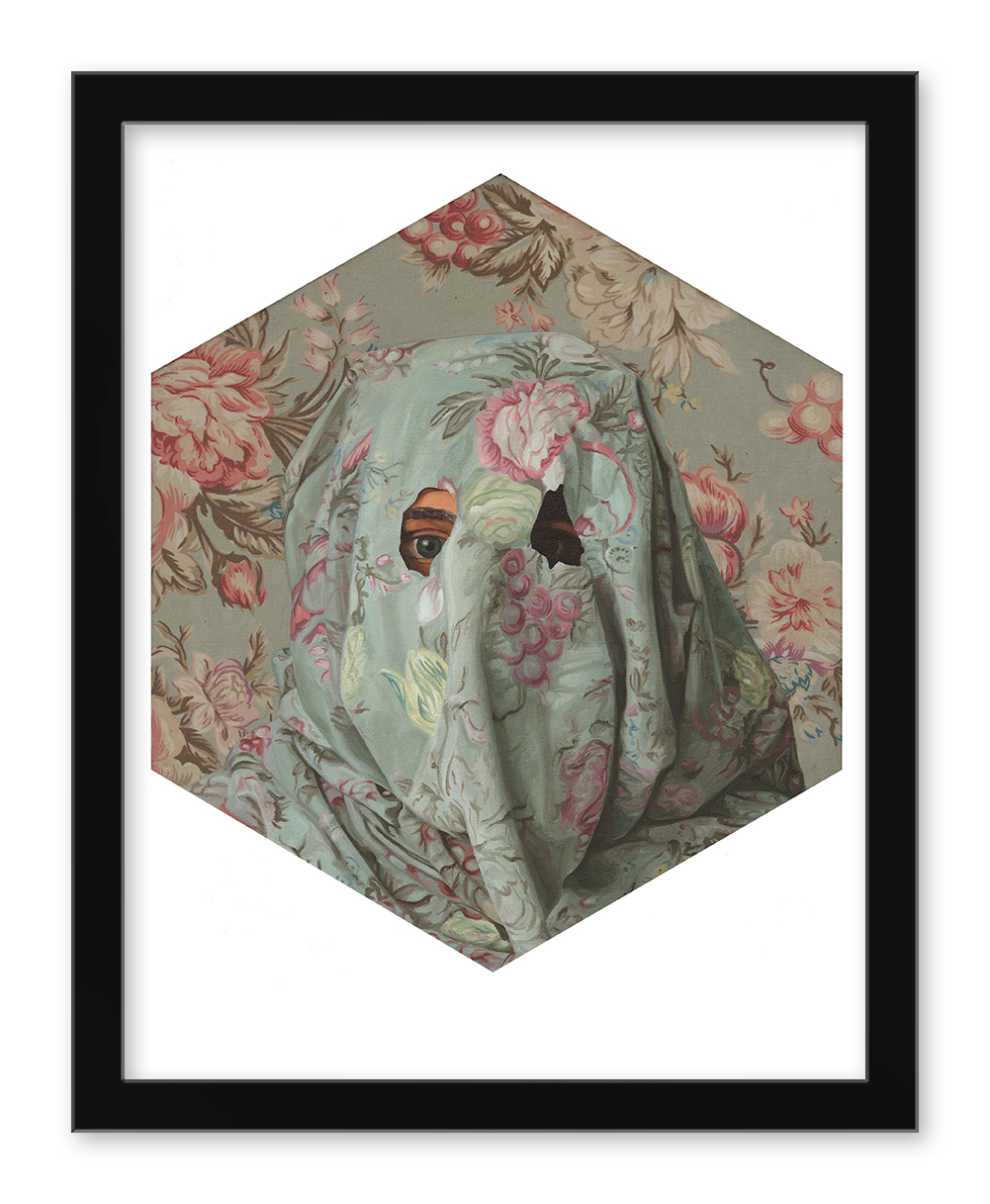 The hexagonal Camouflage Bouquet by Peter Adamyan features a person with their head and face wrapped in floral-patterned fabric, revealing only their eyes. The background extends the pattern, creating an archival pigment print effect.