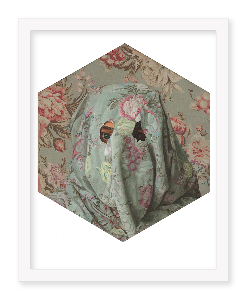 Wrapped in Camouflage Bouquet by Peter Adamyan, a person blends into a floral background with just one eye visible through the fabric. The hexagonal frame and white border complete the archival pigment print aesthetic.