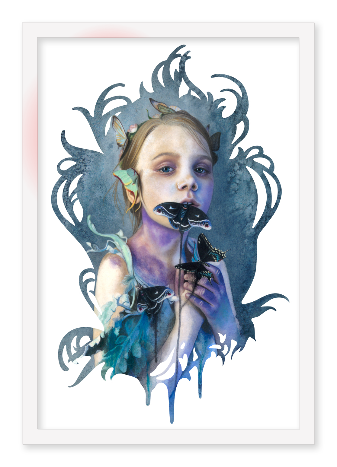 The surreal portrait Words Unspoken by Redd Walitzki showcases a child with elf-like ears in a blue dress, hand-embellished with delicate paper butterfly sculptures amidst swirling blue and black abstract patterns framed in white.