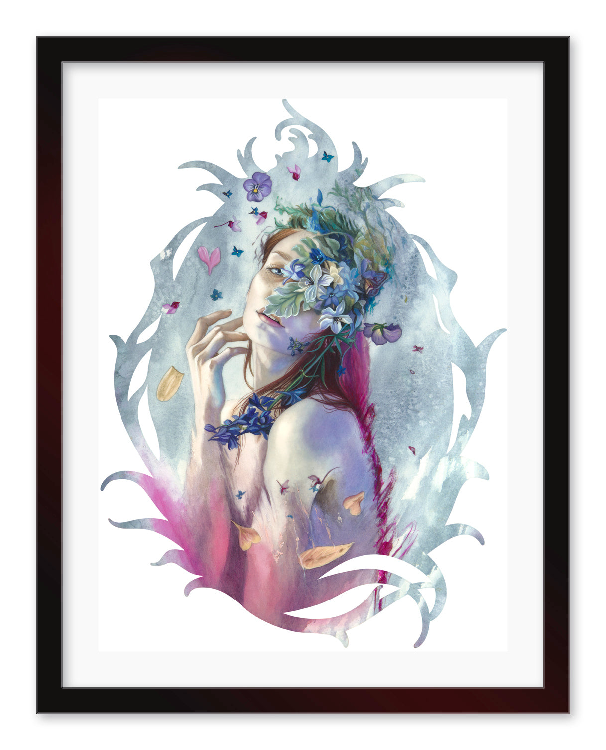 Veiled in Springtime by Redd Walitzki is a limited edition archival pigment print showcasing a woman surrounded by floral designs and butterflies. Her flower-adorned hair and pink-blue hues create an ethereal vibe, elegantly framed in black.
