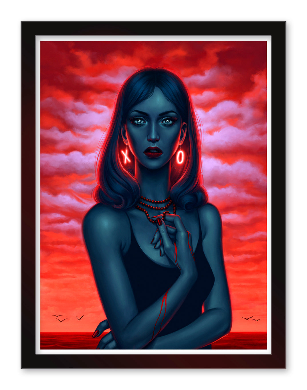 The limited edition XOXO illustration by Allison Reimold features a blue-skinned woman with red eyes against a vivid red sky. She wears a black dress, a red necklace, and glowing X and O earrings. Her long hair flows over her shoulders while birds soar in the distance.