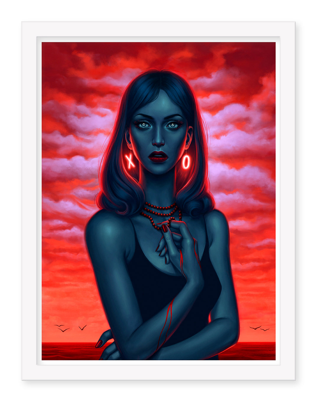 XOXO by Allison Reimold is a limited edition archival pigment print depicting a woman with blue skin, dark hair, glowing red earphones forming X and O, and a necklace. Shes set against a vivid red sunset over the ocean, capturing breathtaking color and detail.