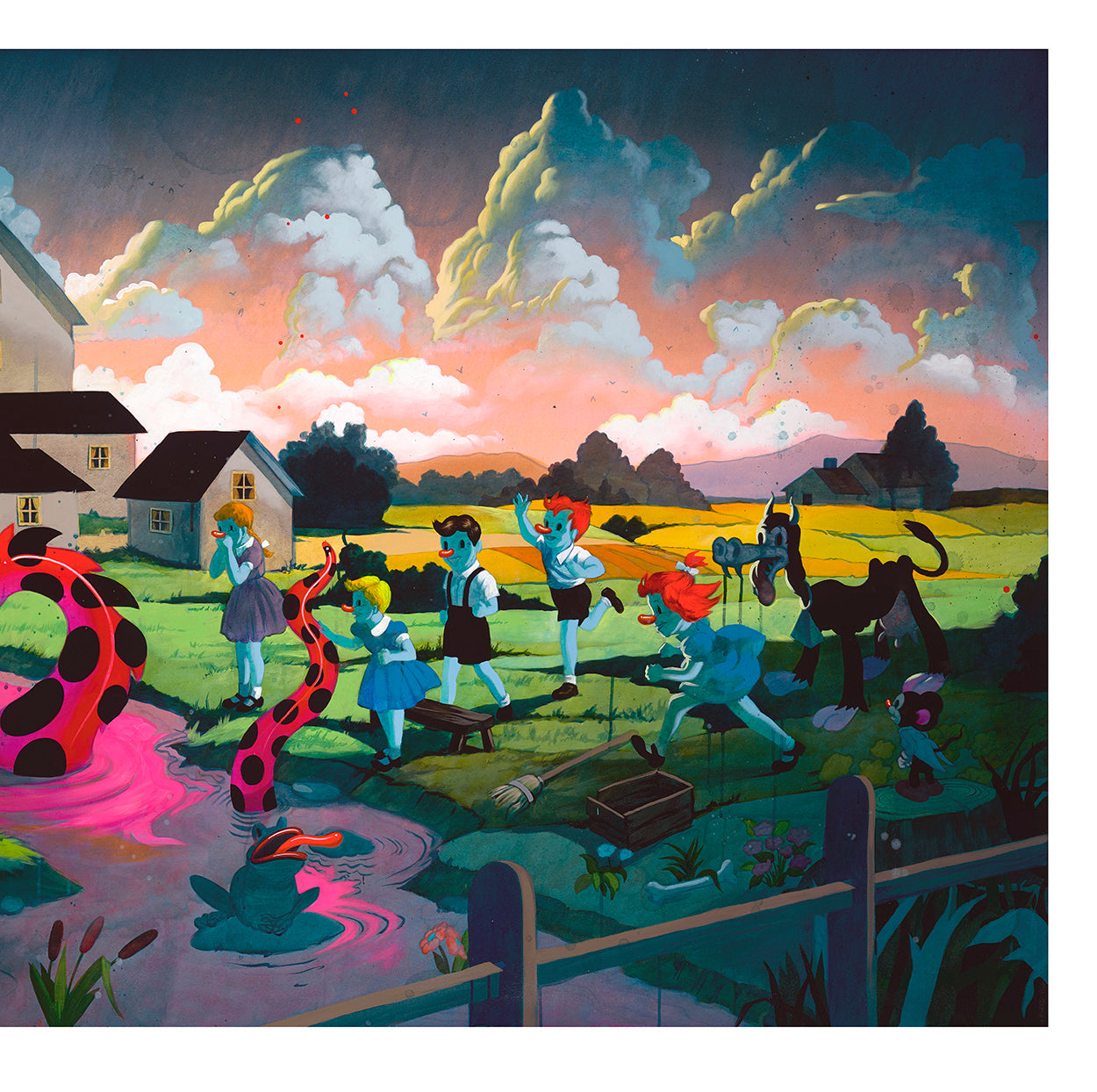 In La Tierra de la Culebra by Victor Castillo, children frolic in a vibrant countryside under dramatic clouds as a pink-and-black tentacled creature emerges from the water, surrounded by trees and houses—creating a whimsical, surreal scene ideal for an archival pigment print.
