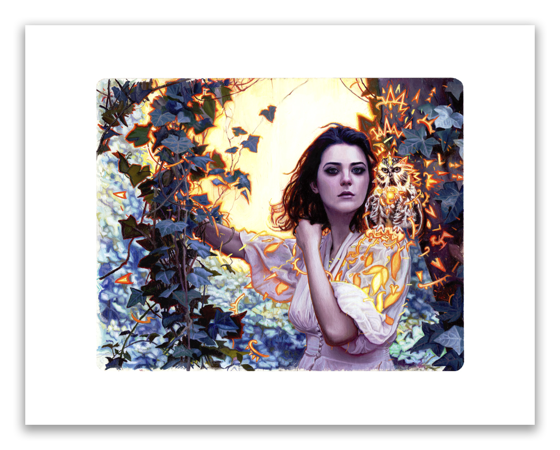 A woman in a flowing white dress stands among ivy, bathed in the bright lights of Afterglow by Rod Luff. Her serene expression is framed by dark hair, creating a mystical scene like Luffs signed and numbered pieces.