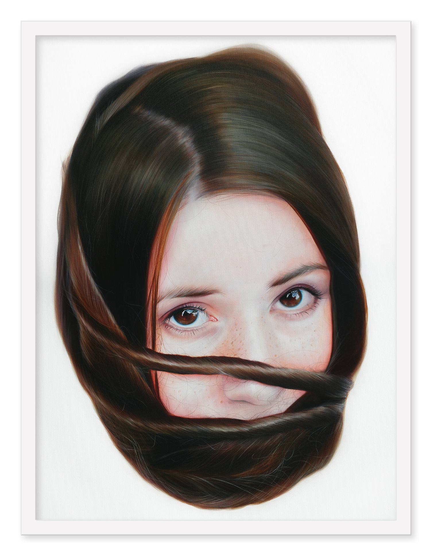 The Storytellers XV by Roos van der Vliet presents a compelling image of a girls face, partially obscured by her hair against a white backdrop. Her eyes meet the viewers gaze. Available as a limited edition archival pigment print.