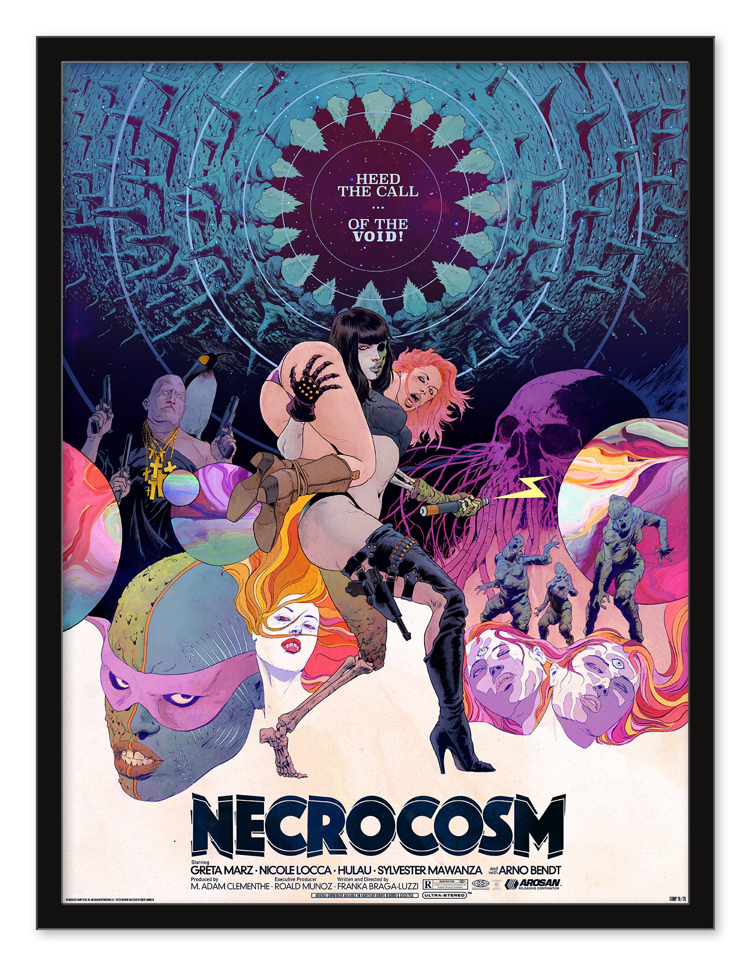 The Necrocosm poster by Robert Sammelin showcases colorful, surreal art with abstract cosmic elements. A central figure holds a masked character, surrounded by faces and sci-fi motifs. The text states Heed the call of the void. Available as an exquisite Archival Pigment Print.